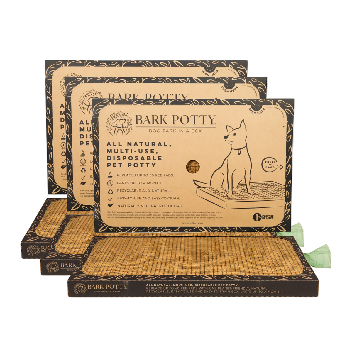Three large Bark Potty disposable dog potty pad boxes stacked on a coconut fiber tray.