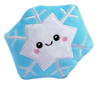 Blue and white snowflake-shaped plush dog toy with a cute smiling face on a light background.