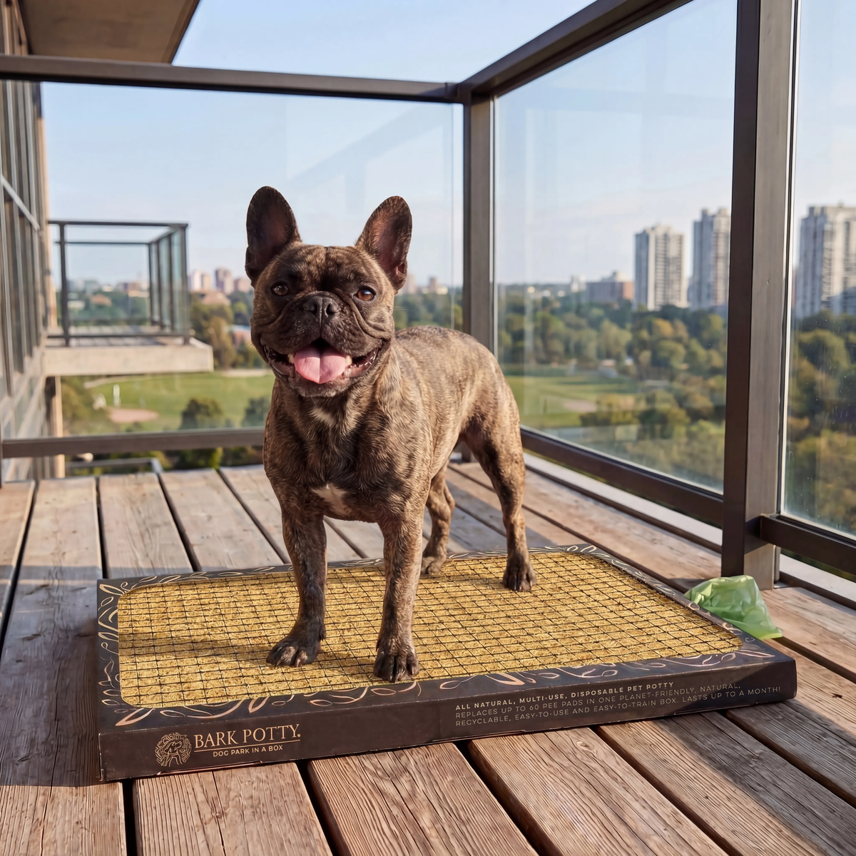 Brindle French bulldog standing on a Bark Potty disposable indoor dog potty on a wooden balcony with a city skyline in the background.