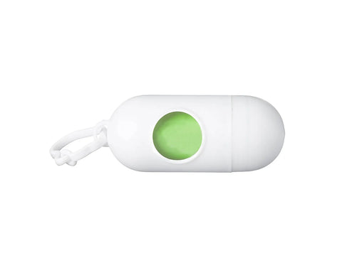 White capsule-shaped clip-on dog poop bag dispenser with a green bag visible through the round opening.