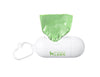 White clip-on dog poop bag dispenser with a green bag pulled through the top and a leash clasp.