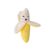 Plush banana squeaky dog toy with a smiling embroidered face and peeled yellow design.