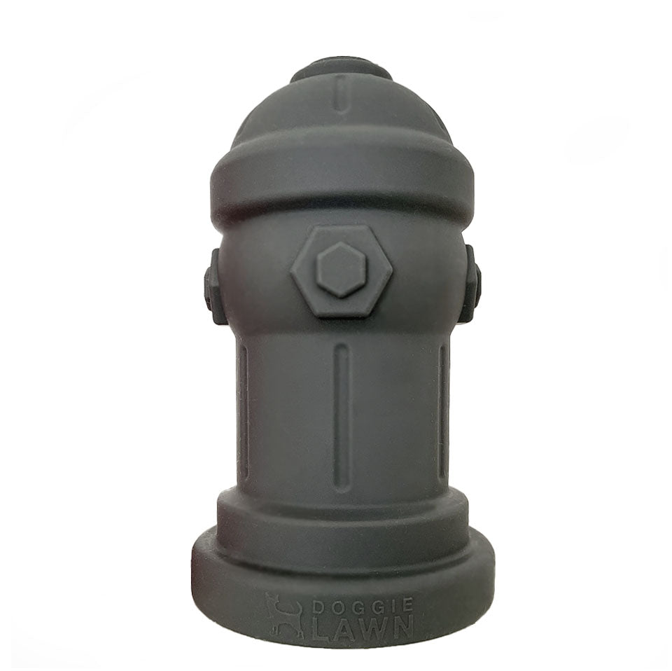 Gray silicone fire hydrant for dog potty training with embossed DoggieLawn logo.